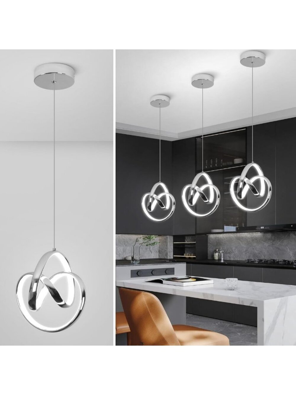 6000K LED Modern Pendant Light Fixture - Adjustable Chrome Hanging Light for